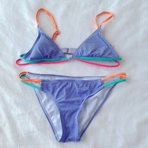 BINGO SURF BIKINI Blue Pinstripe Florescent Straps Small